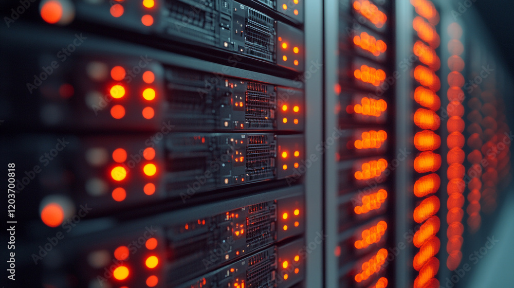 Aufkleber data center with illuminated server racks during nighttime operation in a tech facility
