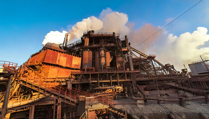 Fototapeta premium Dramatic low-angle shot of a rusty industrial plant emitting smoke against a vibrant blue sky.