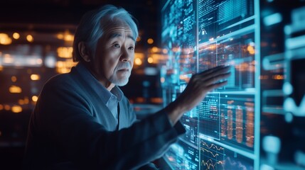 Senior Asian professional analyzing data on futuristic digital interface