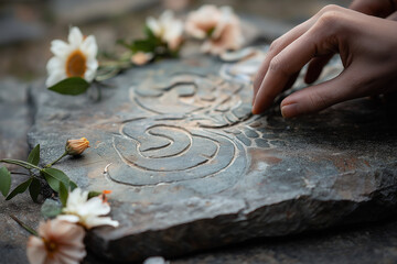 Hand drawing sacred symbol on a stone surrounded by flowers during a spring equinox ritual, symbolizing connection and harmony