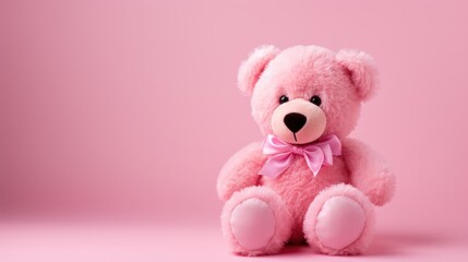 Obraz premium Adorable Pink Teddy Bear Sitting Against a Soft Pink Background, Perfect for Children's Rooms, Baby Showers, and Cute Gifts for Loved Ones