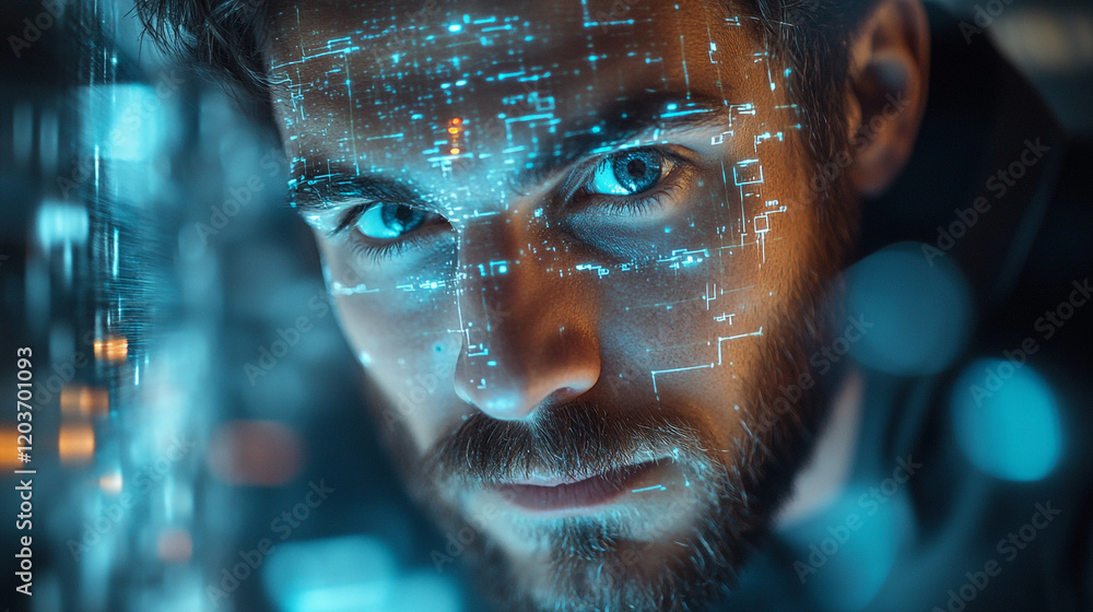 Poster man with futuristic digital overlay examining data in a tech environment at night