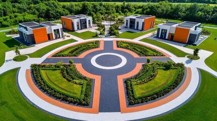 Aerial view of a modern landscaped area featuring circular paths, vibrant orange buildings, and lush greenery.