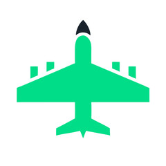 Minimalistic green silhouette of an airplane icon for aviation and transportation themes.