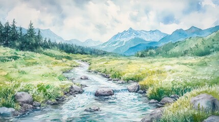 Fototapeta premium Watercolor Landscape Painting of a Mountain Stream Flowing Through a Lush Meadow with Evergreen Trees and Distant Snow-Capped Peaks