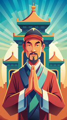 Asian man praying with a peaceful expression in front of a temple.