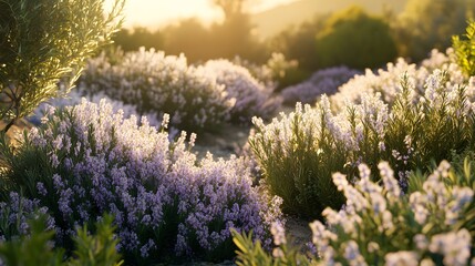 Obraz premium Golden sunlight illuminates a field of lavender flowers