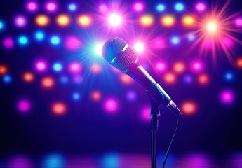 Obraz premium A colorful background with lights and a microphone on stage for stand-up comedy or karaoke night, focusing on the fun of live music events. 