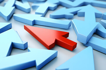 Red and Blue Wooden Arrows Pointing Left on Minimalist Background