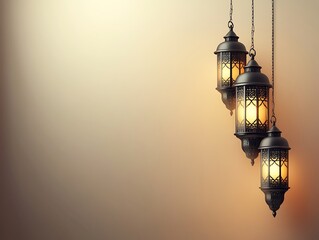 Three Illuminated Ornate Lanterns Hanging Against A Soft Background