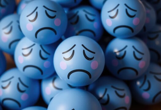 A collection of blue balls featuring sad faces stacked together, representing the concept of Blue Monday