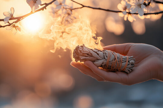Hand holding burning sage under blooming branches at sunset during a spring equinox ritual for cleansing and renewal