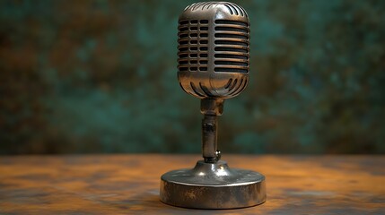 Vintage Microphone on Rustic Surface: A classic vintage microphone, reminiscent of golden-age radio...