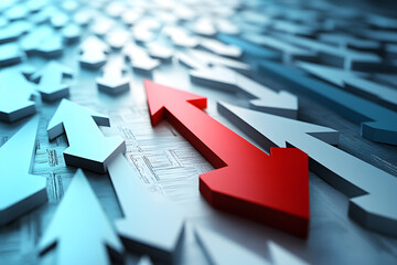 Red and Blue Wooden Arrows Pointing Left on Minimalist Background