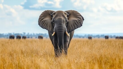 Majestic African Elephant in Tall Golden Grass Wildlife Safari Scene