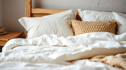 Cozy and Serene Bedroom Interior: White Bedding, Knitted Throw, and Calming Atmosphere