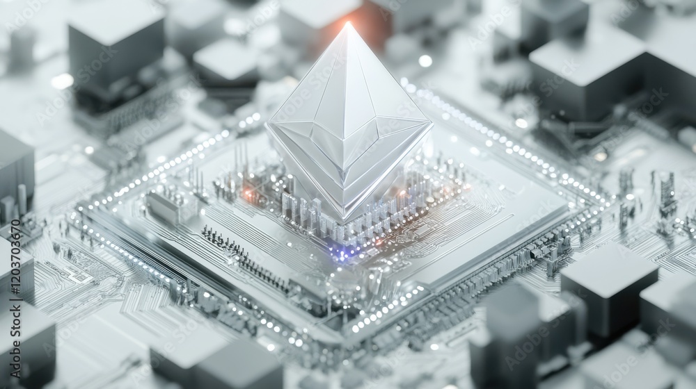 Poster abstract representation of a futuristic microchip with a pyramid structure, symbolizing technology