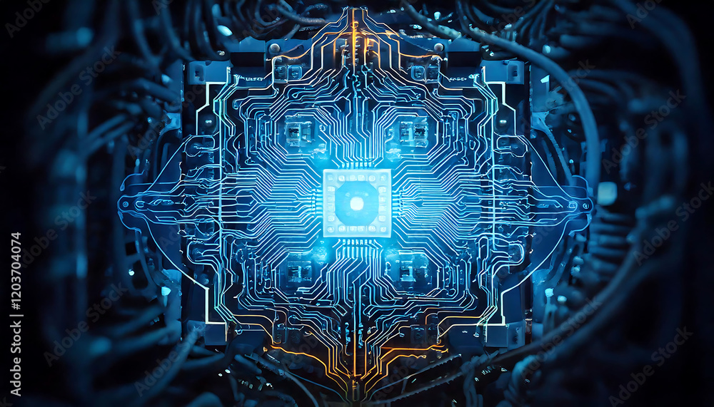 Poster stunning close-up of a glowing circuit board, showcasing intricate wiring and a central processor. p