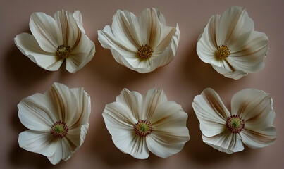 Fototapeta premium Six delicate off-white cosmos flowers with subtle brown stripes arranged symmetrically on a soft pink background. Perfect for minimalist aesthetics, floral designs, or nature-themed projects.
