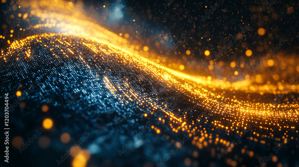 Poster dynamic glowing wave of particles simulating a futuristic landscape at night