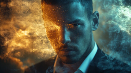 Portrait of a man with glowing effects and vibrant colors highlighting his expression