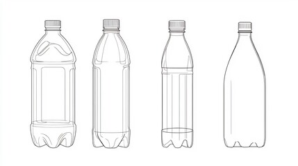 Four Line Art Illustrations of Plastic Bottles with Different Shapes and Design Elements