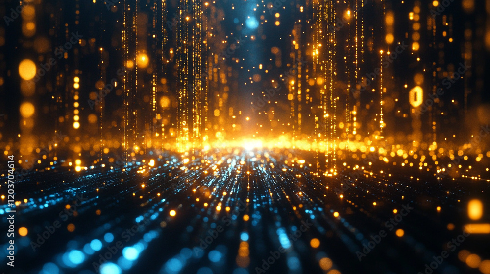 Poster glowing particles create a dynamic pathway in a digital landscape at night