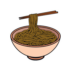 front view of noodles bowl with chopsticks illustration, Traditional Fast food doodles noodles concept with bowl and chopsticks
