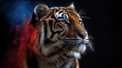 Obraz premium Majestic tiger portrait with red and blue smoke.