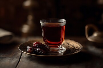 Fototapeta premium A Traditional Ramadan Setting with Tea and Dates on a Decorated Table.