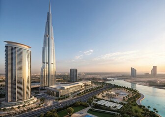 Obraz premium Futuristic Skyscraper Cityscape: Modern Architecture 3D Render, Left Composition