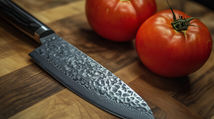 A close-up view of a sharp knife blade with delicate cut marks, resting beside a ripe, fresh tomato on a rustic wooden cutting board. The texture of the blade &the vibrant red of the tomato contrast.