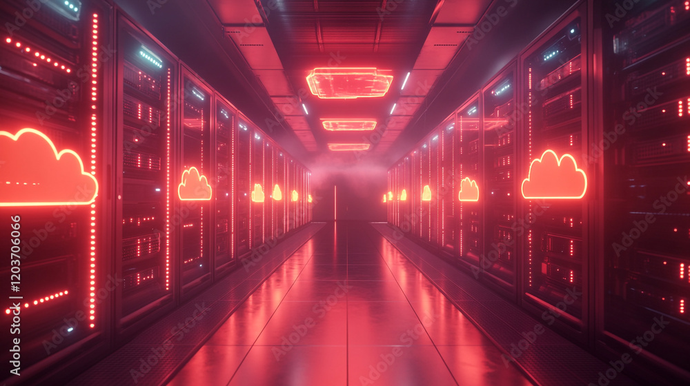 Aufkleber neon-lit server hallway in futuristic data center with illuminated cloud symbols