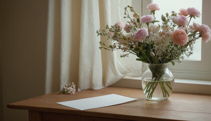 Photorealistic A4 paper mockup with pastel flowers on a wooden desk