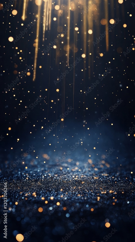 Poster glittering gold particles in a dark background with light rays