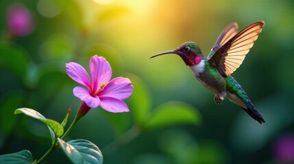 Fototapeta premium A vibrant hummingbird in flight, approaching a delicate pink flower in a lush green garden, bathed in the warm glow of sunlight.