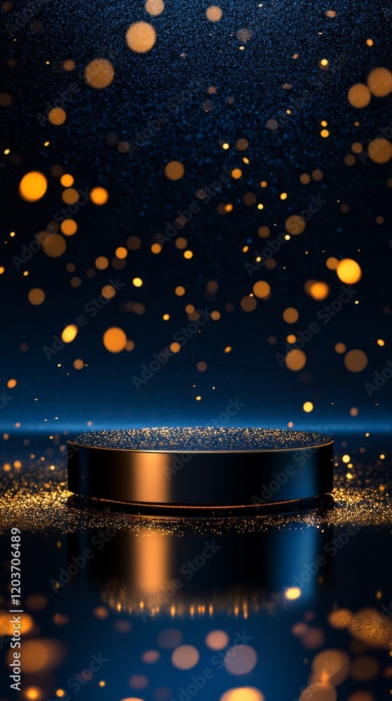 Poster Glowing Bokeh Lights on Dark Background with Elegant Display Platform