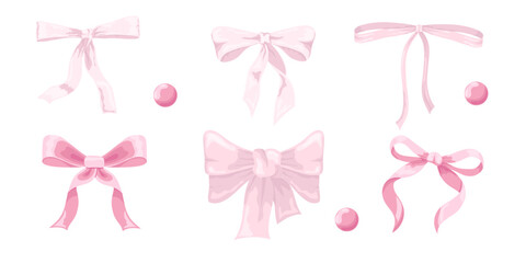 Vector Illustration of 6 pink girly vintage bow set. Bow for hair decor flat. Ribbons isolated. Trendy girls accessories. Cute hairstyle elements collection