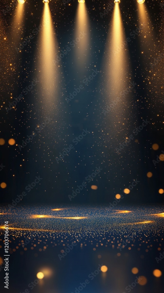 Poster glowing stage lights with sparkling particles in a dark background