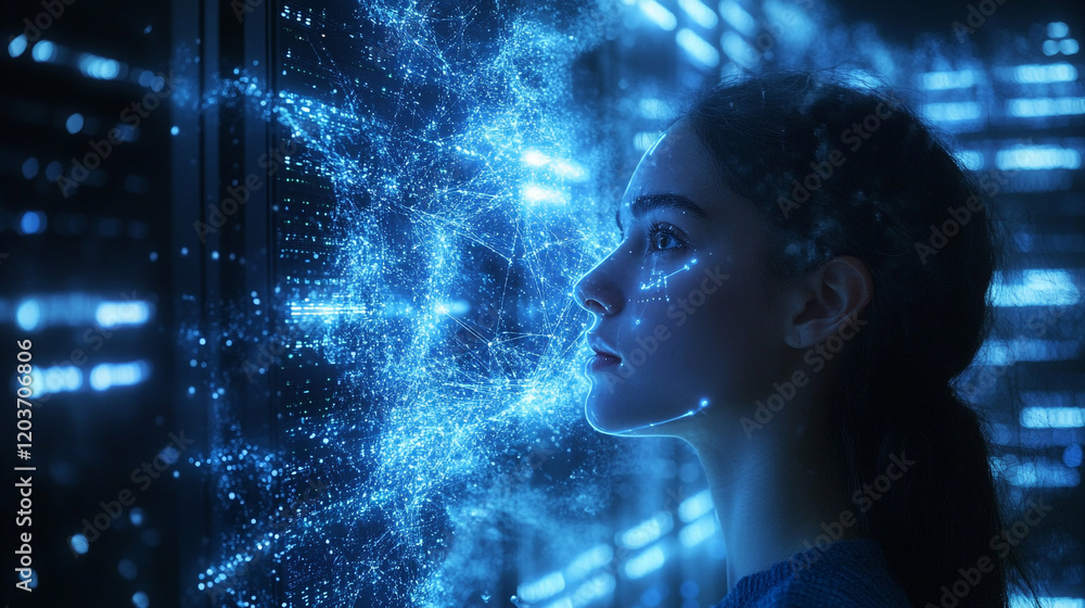 Poster exploring digital landscapes with glowing data connections in a tech environment