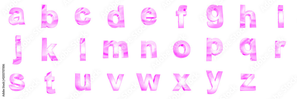 Poster set of 3d alphabet shapes with pink iridescent effect isolated on a transparent background. lower ca