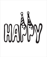 Party event staff doodle artistic, festive elements, lettering happy, birthday decorations, simple doodles, gifts, black and white