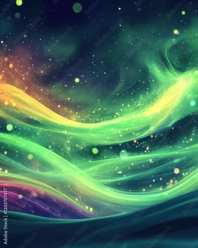 Poster abstract cosmic nebula with flowing gradient waves and sparkling particles.