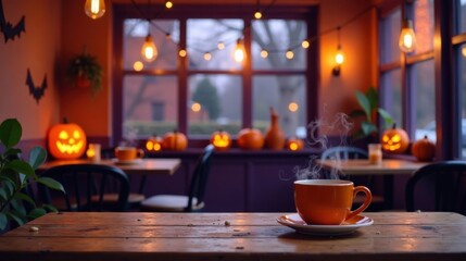Warm autumn evening at a cozy cafe with a steaming mug of hot beverage, surrounded by festive jack-o'-lanterns and string lights illuminating the scene.
