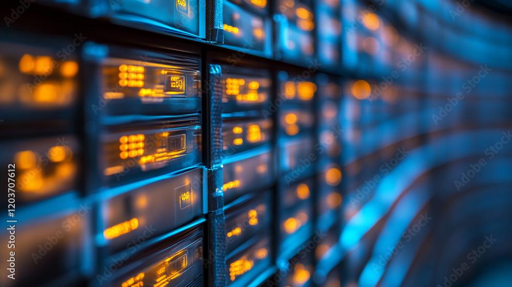 Poster close-up view of illuminated data storage devices in a modern server room