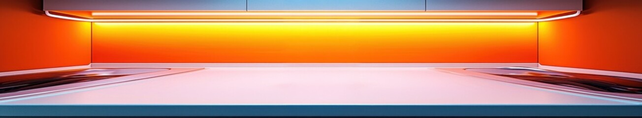 Obraz premium Modern minimalist kitchen with vibrant orange backlighting and sleek counter design