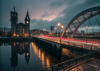 Fototapeta premium Glasgow Walk Bridge Night Long Exposure Photography - Cityscape Lights Trails