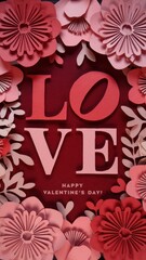 Red and pink Valentine's Day card with the word LOVE written in white