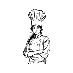 woman chef wearing chef uniform and long chef hat cartoon illustration black line art isolated on white background