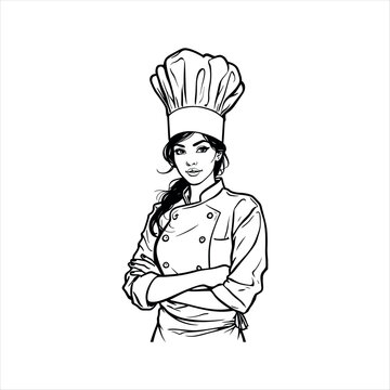 recommend clip art: woman chef wearing chef uniform and long chef hat cartoon illustration black line art isolated on white background